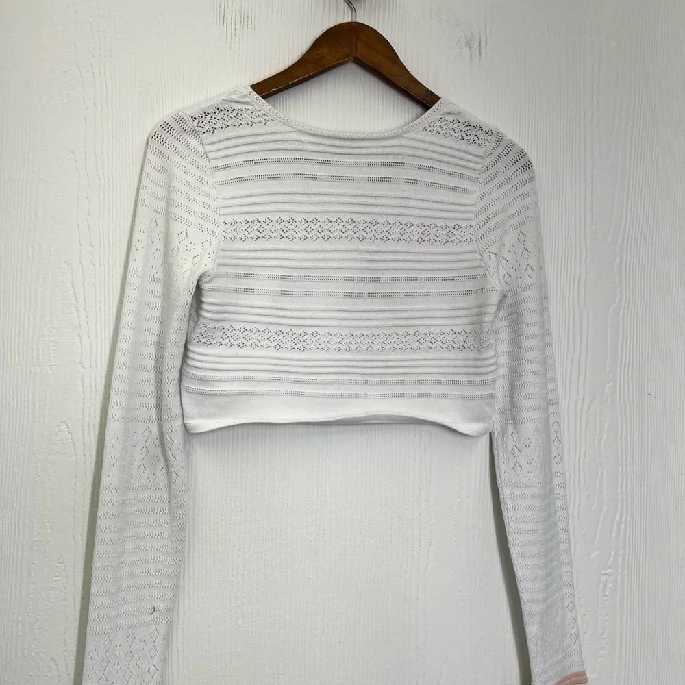 Free People - White Open Fun Design Long Sleeve Trimmed Pink Crop Top Medium